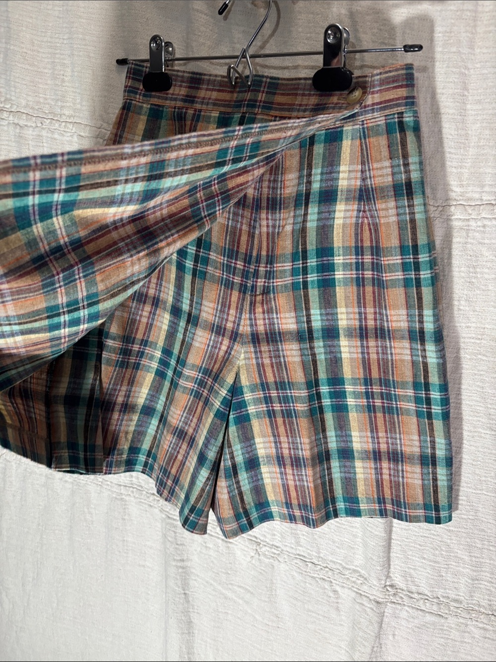 Plaid Wrap-Style Mini Skort in Teal, Brown & Cream Linen Cotton Blend - Picture 3 of 7